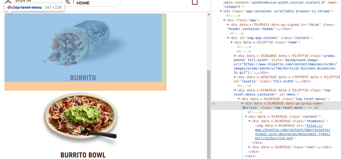 Chipotle "Burrito" button inspected, show it's just a <div> wrapped around an <img>