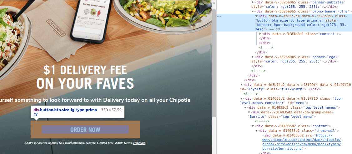 Chipotle "Order" button inspected, showing it's just a <div>