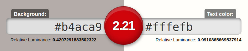 Contrast-ratio.com showing light gray (#b4aca9) has an insufficient contrast of 2.21 with white (#fffefb)