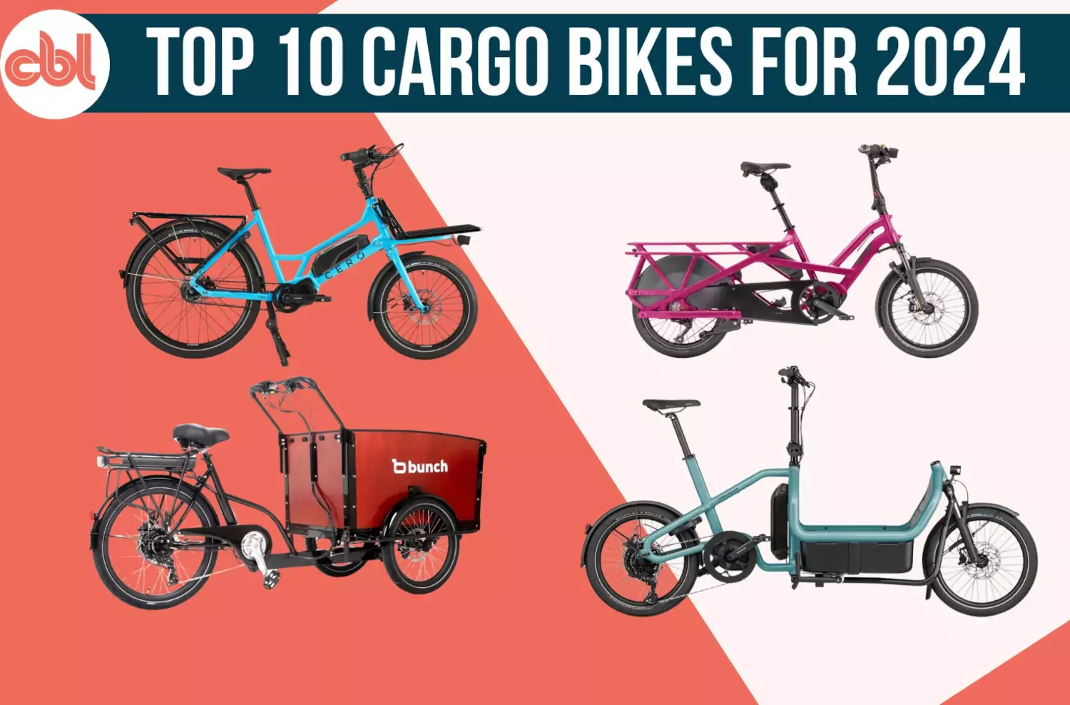 CBL Top 10 Cargo Bikes for 2024, showing four different cargo bikes