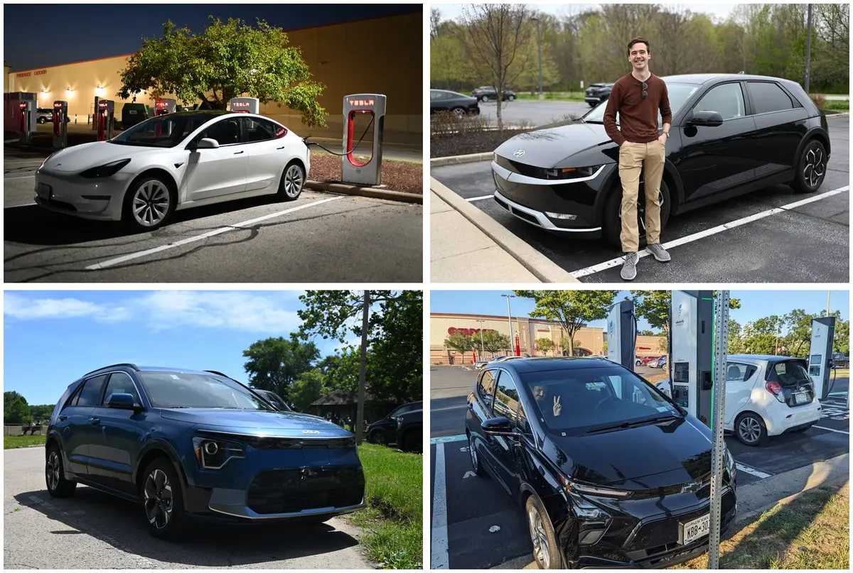 A grid of four EVs I've rented: a white Tesla Model 3 charging at night, a black Hyundai
        Ioniq 5 with me standing in front of it, a blue Kia Niro EV parked by a park path, and a black
        Chevy Bolt charging at an Electrify America station.