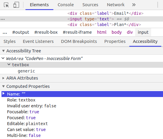 Chrome DevTools Accessibility pane screenshot showing <input> has no name