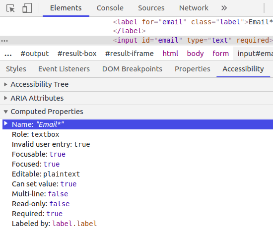 Chrome DevTools Accessibility pane screenshot showing <input> has name of "Email" from <label>