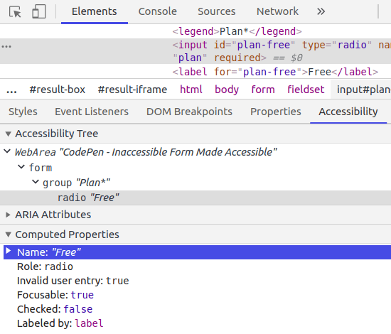Chrome DevTools Accessibility pane screenshot showing radio button has name of "Free" from <label>