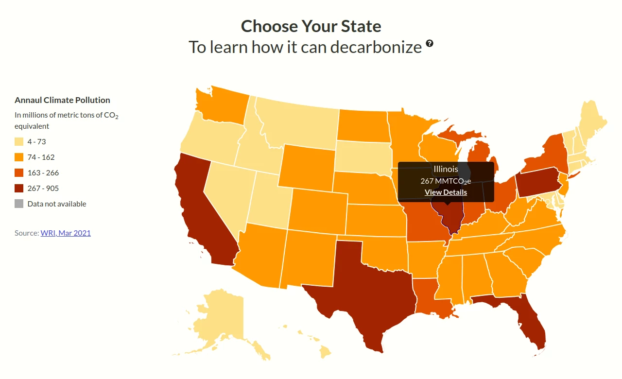 Decarb My State homepage showing a map of the US with different states in different colors,         with a tooltip over Illinois that says "Illinois 267 MMTCO2e [newline] View Details [underlined]