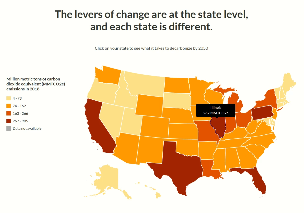 Decarb My State homepage showing a map of the US with different states in different colors,         with a tooltip over Illinois that says "Illinois 267 MMTCO2e"